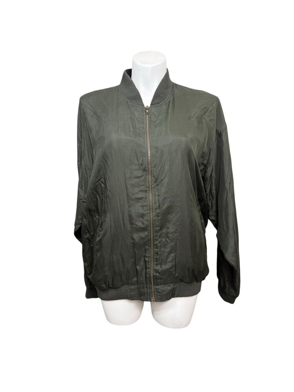 Vintage Imprints 100% Silk Bomber Jacket Olive Green Zip Front Size XL